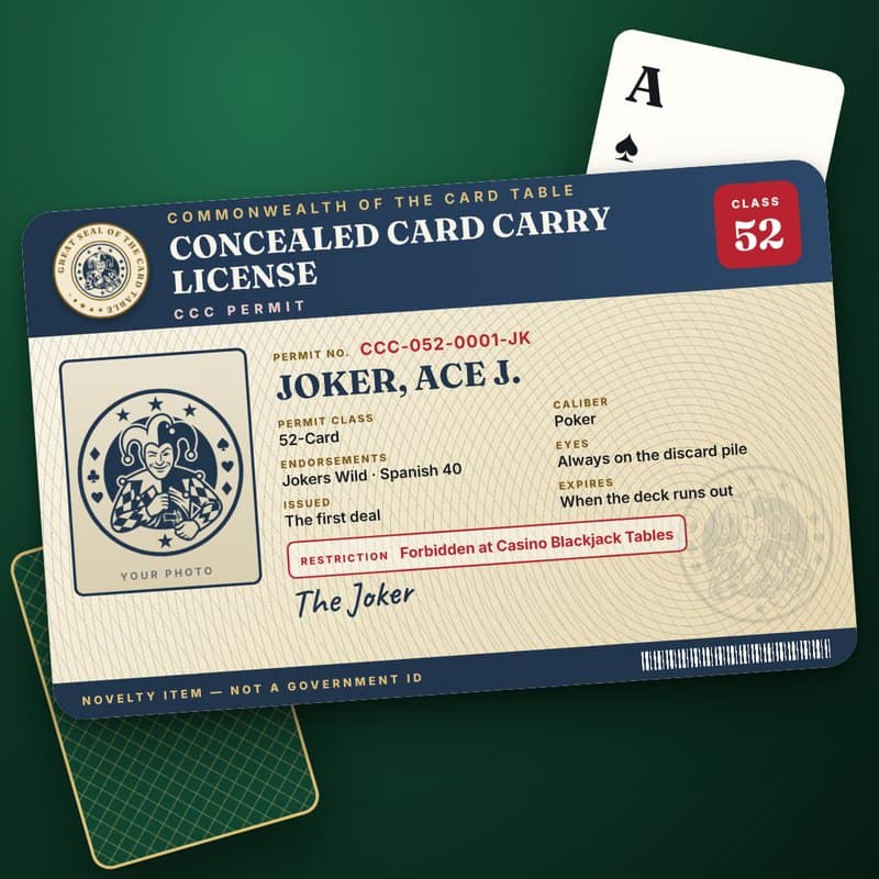A novelty Concealed Card Carry License with a photo, the Great Seal of the Card Table and the restriction “Forbidden at Casino Blackjack Tables”