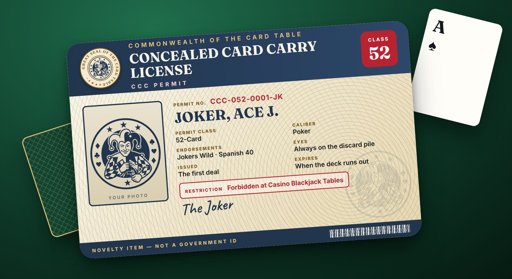 A novelty Concealed Card Carry License with a photo, the Great Seal of the Card Table and the restriction “Forbidden at Casino Blackjack Tables”