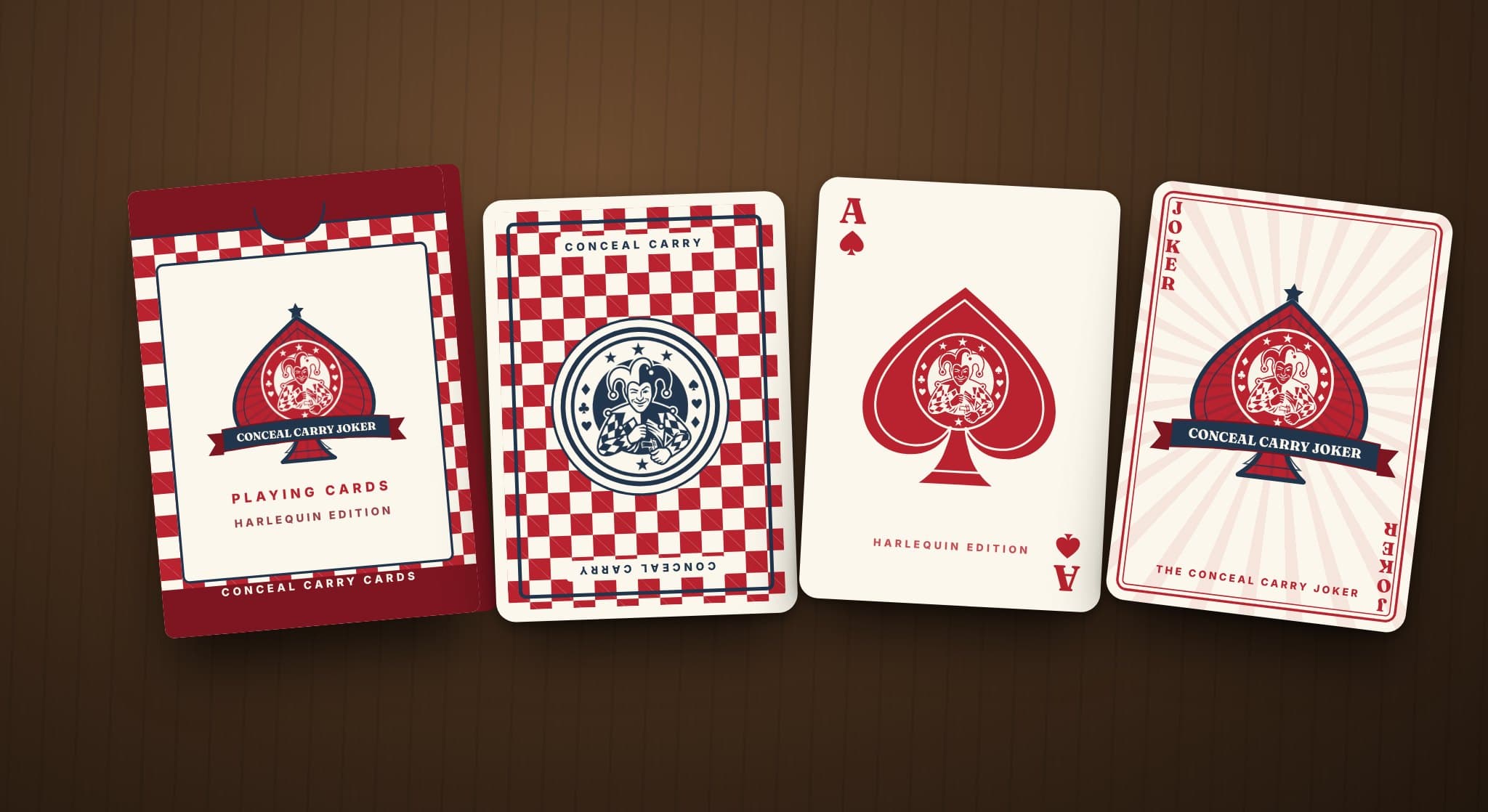 The Conceal Carry Joker Harlequin Edition deck: a red checkered tuck box, a red-and-cream checkerboard card back with a navy jester medallion, the Ace of Spades and the Conceal Carry Joker card