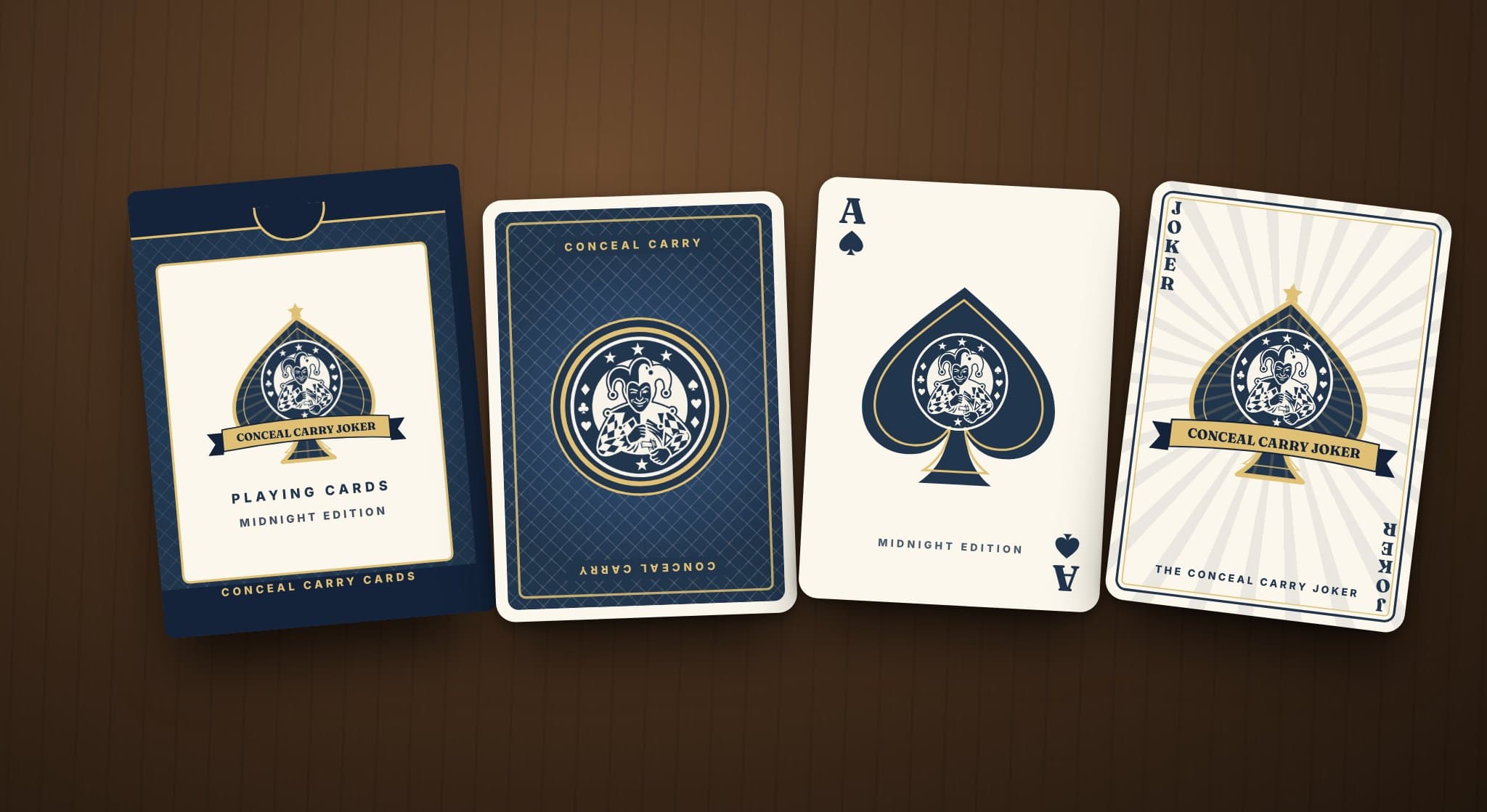 The Conceal Carry Joker Midnight Edition deck: a navy tuck box, a navy-and-gold card back with a jester medallion, the Ace of Spades and the Conceal Carry Joker card