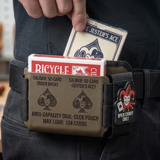 Two decks of playing cards carried side by side in a tan dual-deck tactical pouch on a black belt