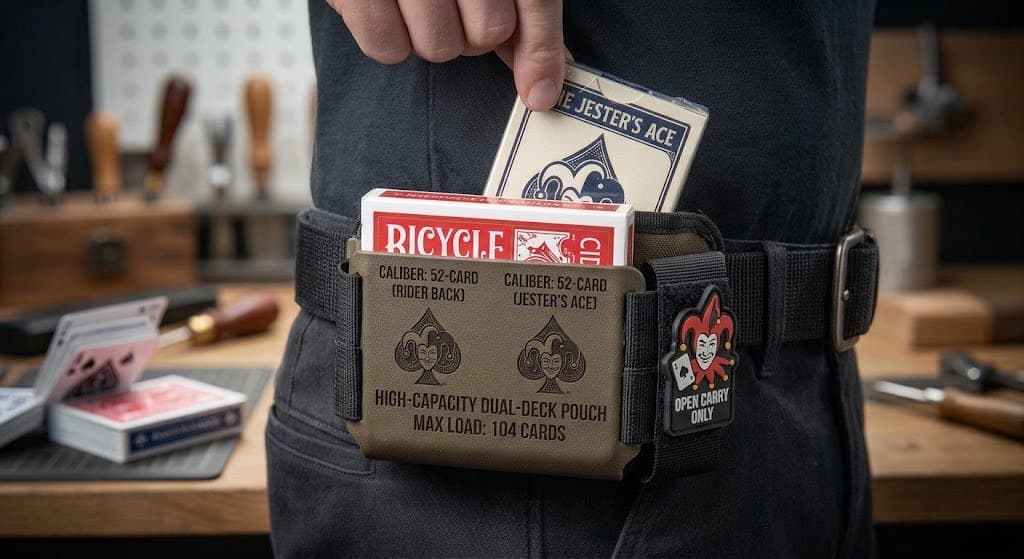 Two decks of playing cards carried side by side in a tan dual-deck tactical pouch on a black belt