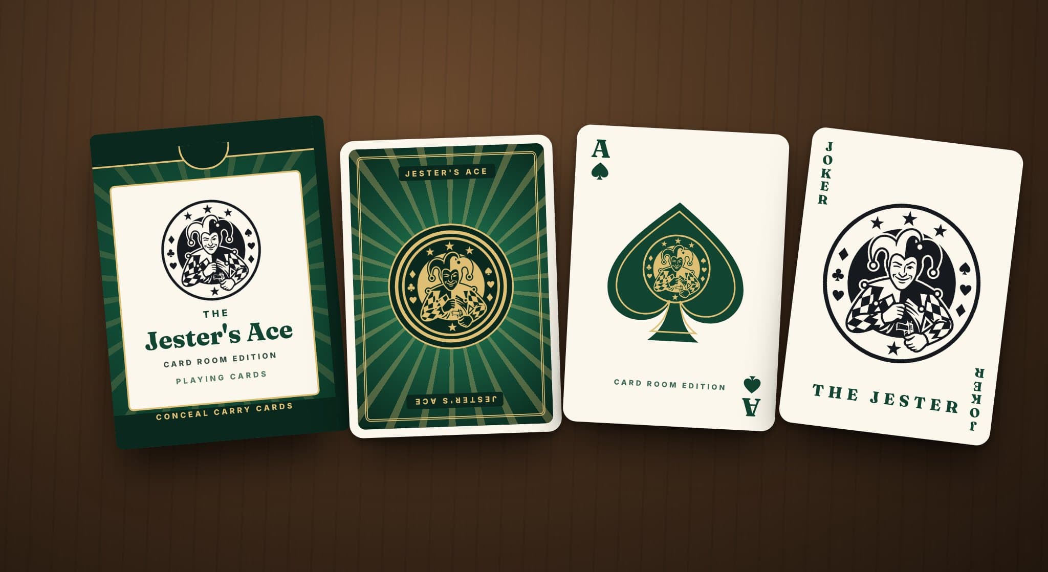 The Jester's Ace Card Room Edition deck: a green tuck box, a green card back with a gold sunburst and jester medallion, the Ace of Spades and the Jester Joker
