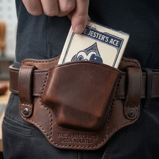 A deck of Jester's Ace playing cards being drawn from a brown leather belt holster