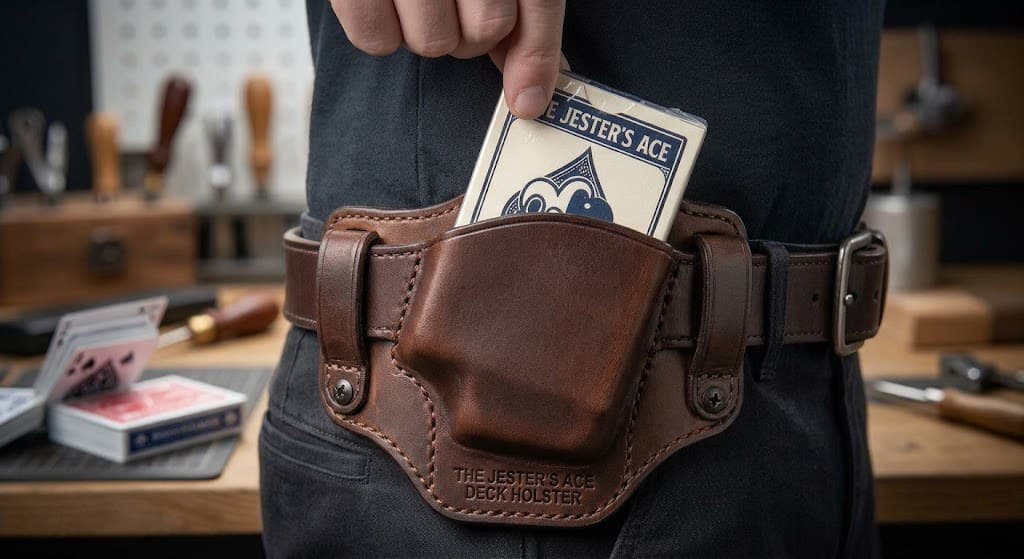 A deck of Jester's Ace playing cards being drawn from a brown leather belt holster