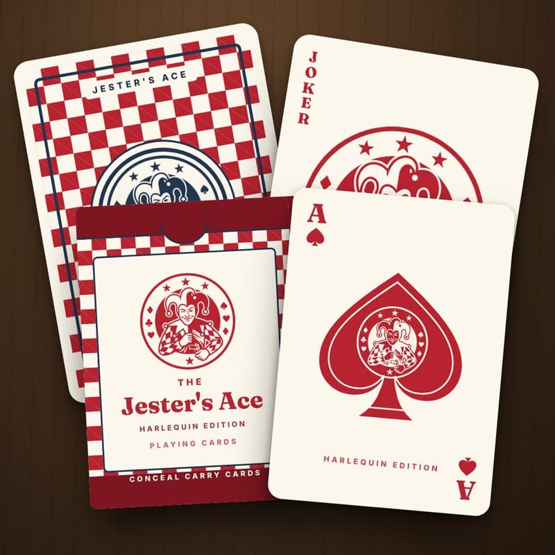 The Jester's Ace Harlequin Edition deck: a red checkered tuck box, a red-and-cream checkerboard card back with a navy jester medallion, the Ace of Spades and the Jester Joker