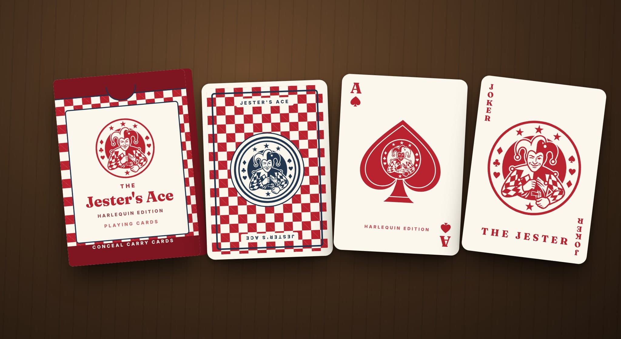 The Jester's Ace Harlequin Edition deck: a red checkered tuck box, a red-and-cream checkerboard card back with a navy jester medallion, the Ace of Spades and the Jester Joker