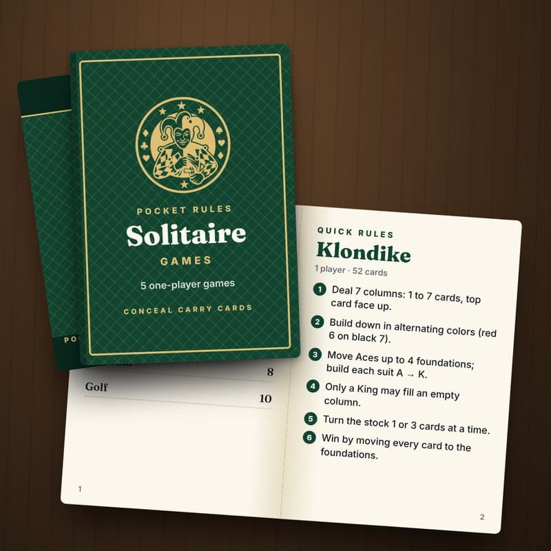 The Pocket Rules Solitaire booklet: a green jester cover beside an open page of quick Klondike rules