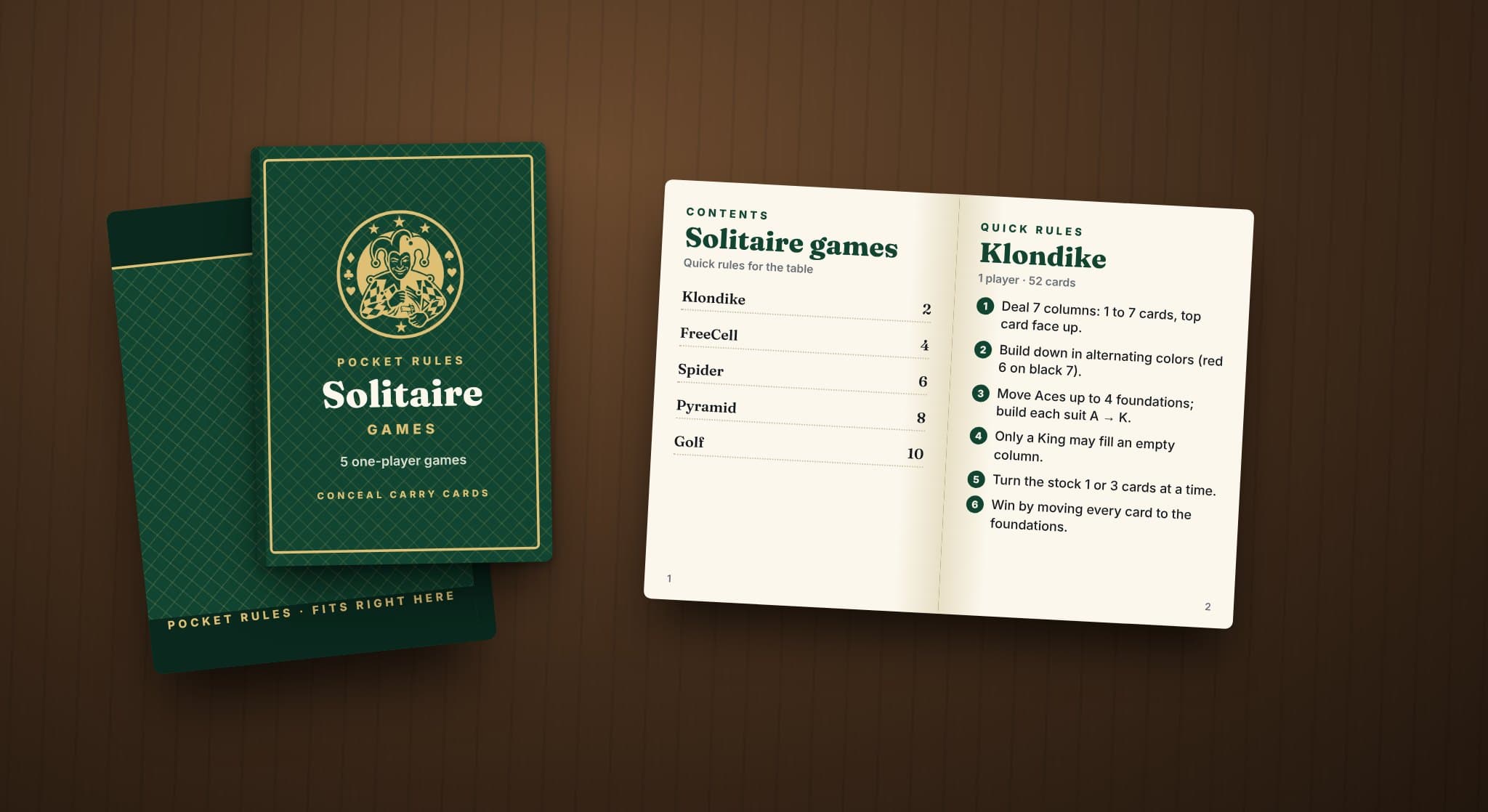 The Pocket Rules Solitaire booklet: a green jester cover beside an open page of quick Klondike rules