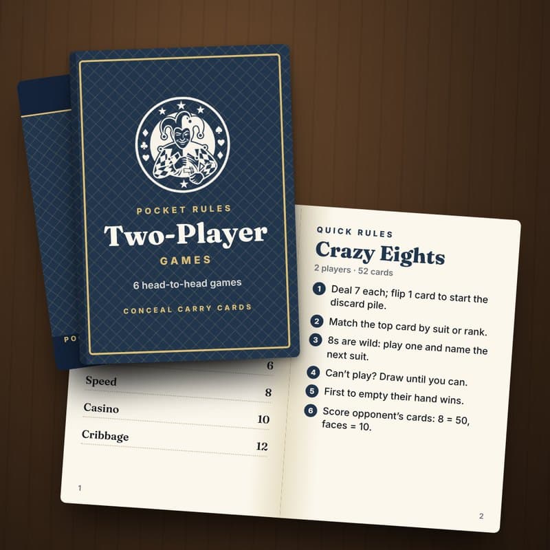 The Pocket Rules Two-Player booklet: a navy jester cover beside an open page of quick Crazy Eights rules