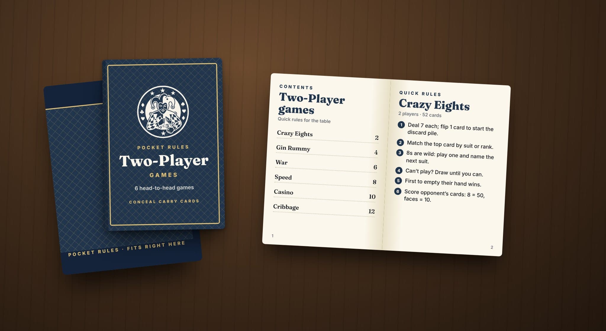 The Pocket Rules Two-Player booklet: a navy jester cover beside an open page of quick Crazy Eights rules